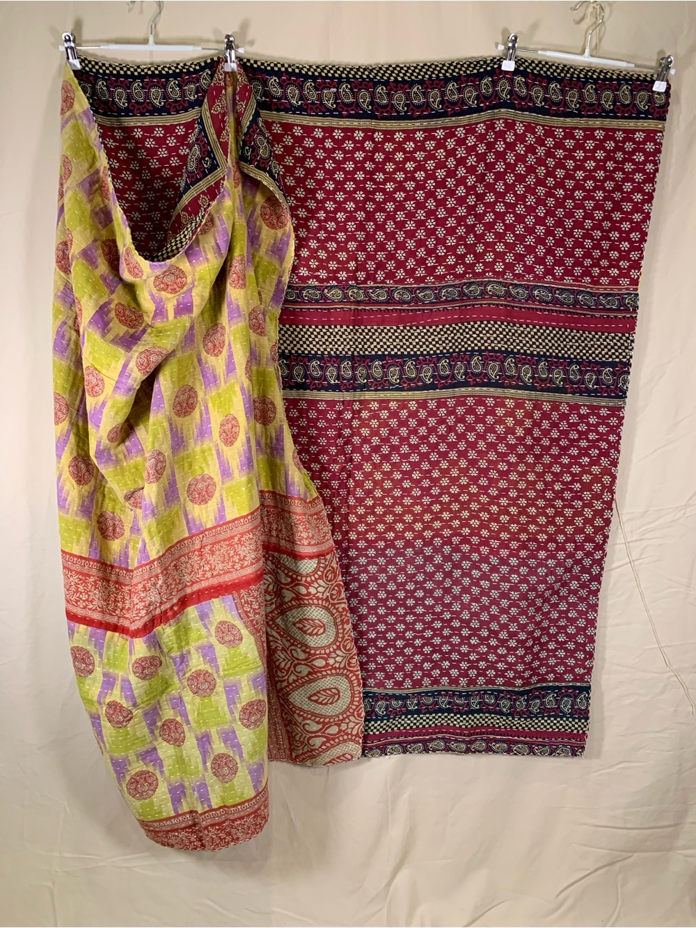 Handmade Kantha Quilt Twin Size Recycled Sari Cotton Maroon Chartreuse Purple